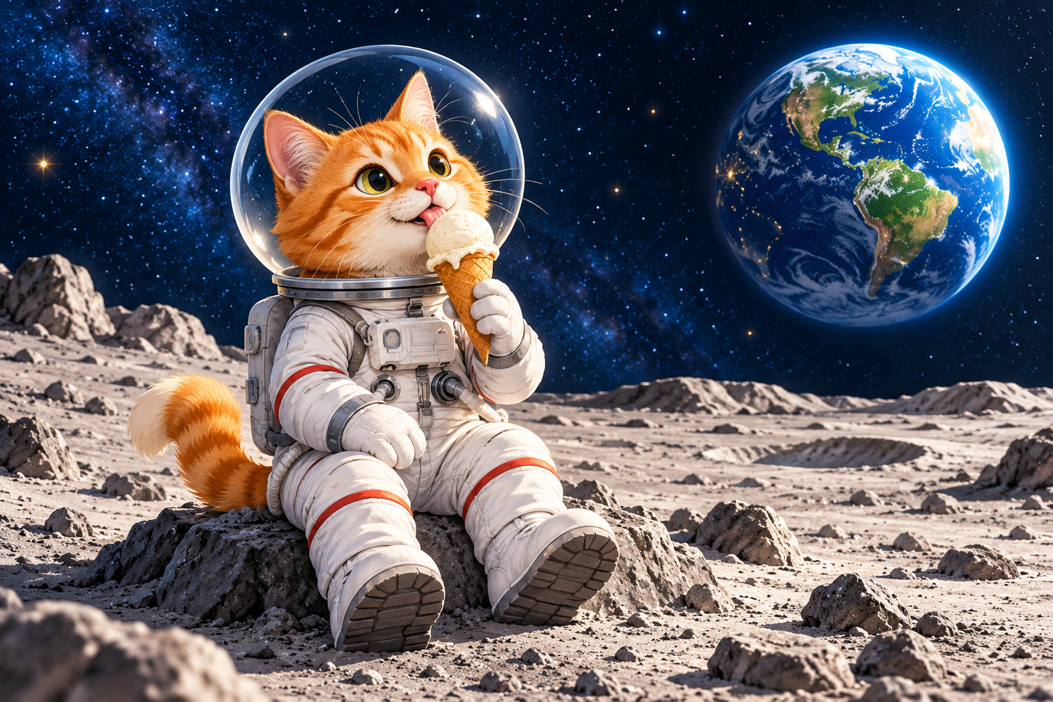 橘猫宇航员坐在月球上吃冰淇淋，远处是地球